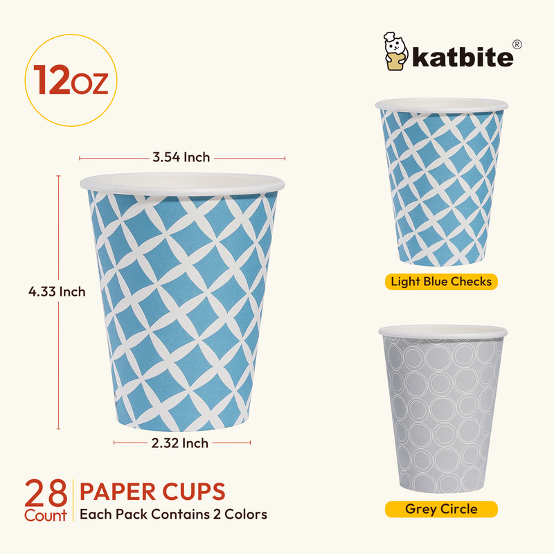 Katbite 28-Count 12 oz Disposable Paper Cups,Convenient and Versatile - Gray Circle and Light Blue Grid Design