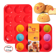 Katbite 12 Cups Silicone Muffin Pan Non-stick Cupcake Pans Silicone Baking Cups,Red