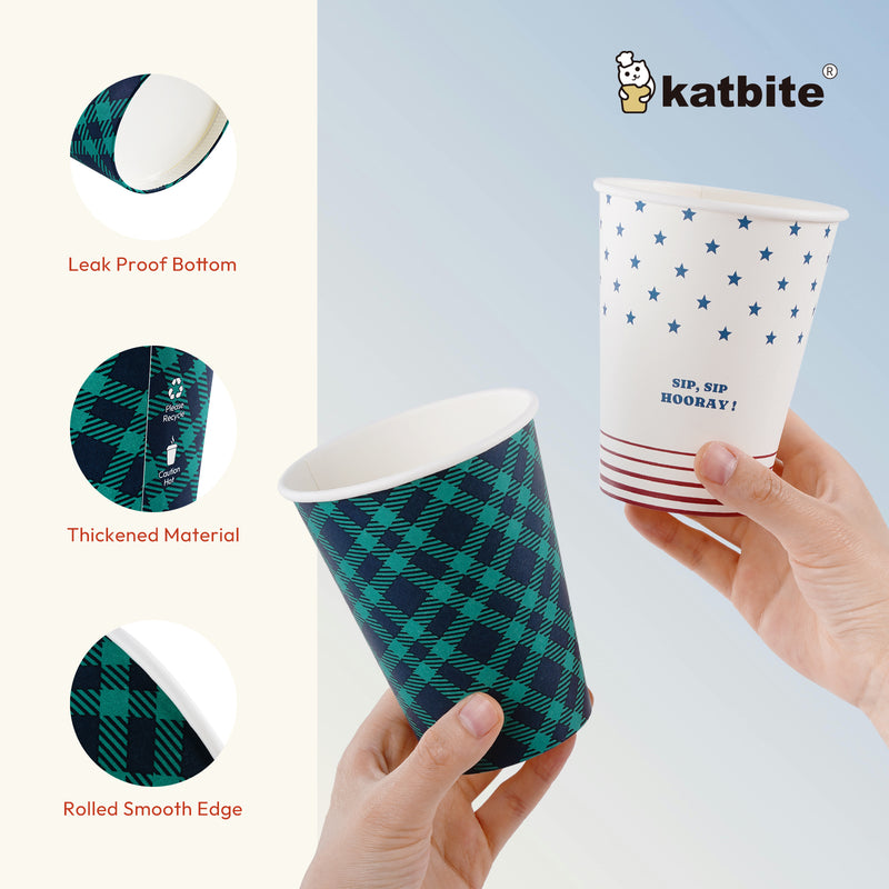 Katbite 50PCS 12 oz Disposable Paper Cups,Hot/Cold Beverage Drinking Cup,Plaid And Star Design