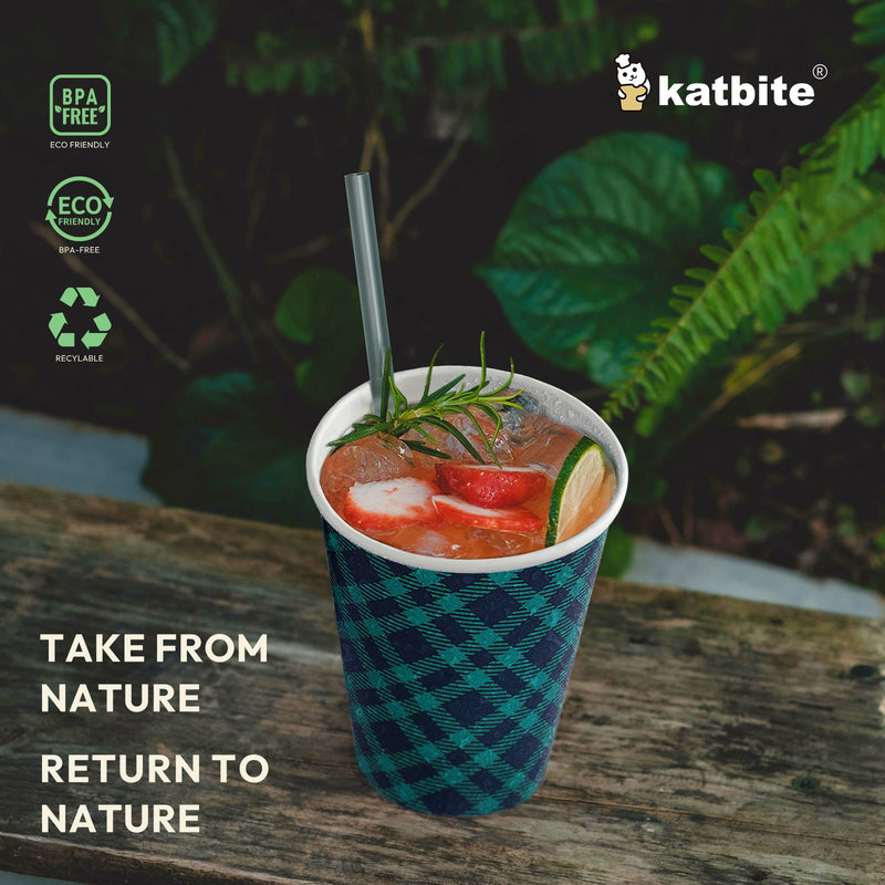 Katbite 50PCS 12 oz Disposable Paper Cups,Hot/Cold Beverage Drinking Cup,Plaid And Star Design