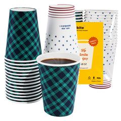 Katbite 50PCS 12 oz Disposable Paper Cups,Hot/Cold Beverage Drinking Cup,Plaid And Star Design