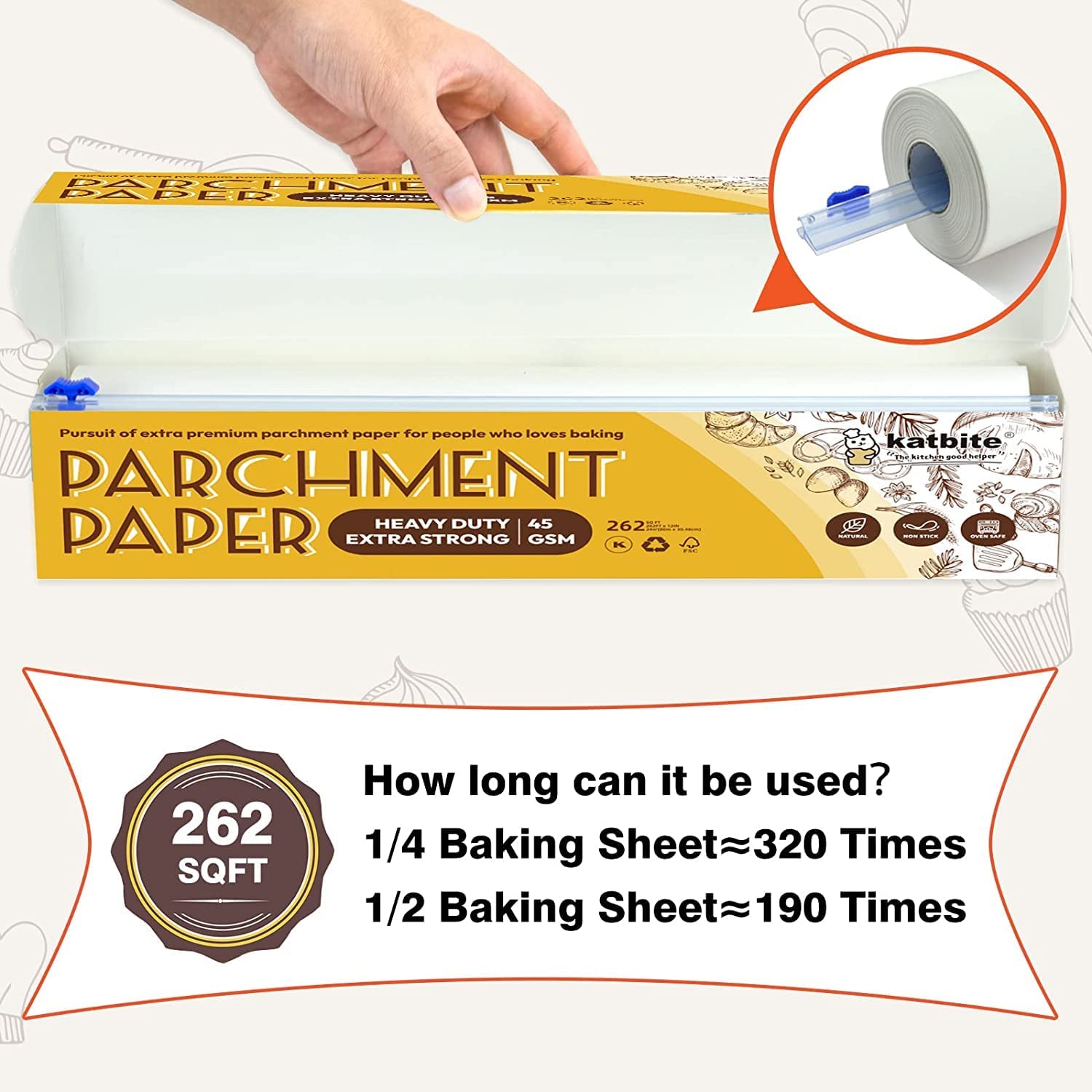 Unbleached Parchment Paper Roll for Baking 12in x 262ft, 260 Sq.Ft, Heavy  Duty & Non-stick Baking Paper with Slide Cutter, Brown Parchment Paper for
