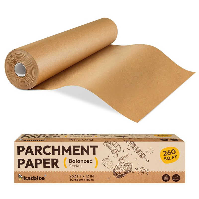 Katbite 12" x 262ft Unbleached Parchment Paper Roll, Non-Stick, Extra Long with Serrated Cutter,Balanced Series