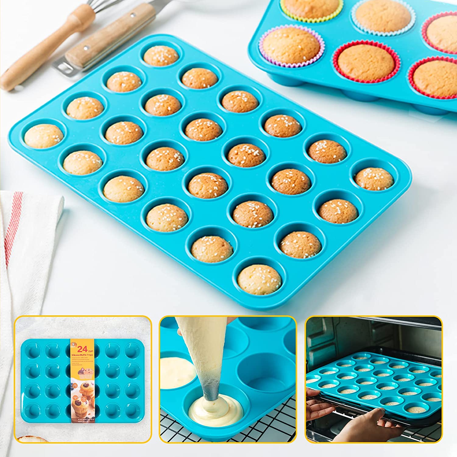La Chat Silicone Muffin Pan 2 pcs- Nonstick BPA Free silicone Cupcake tray  for baking, 24 Cup, Silicone molds for making Muffins, Cupcakes and Egg
