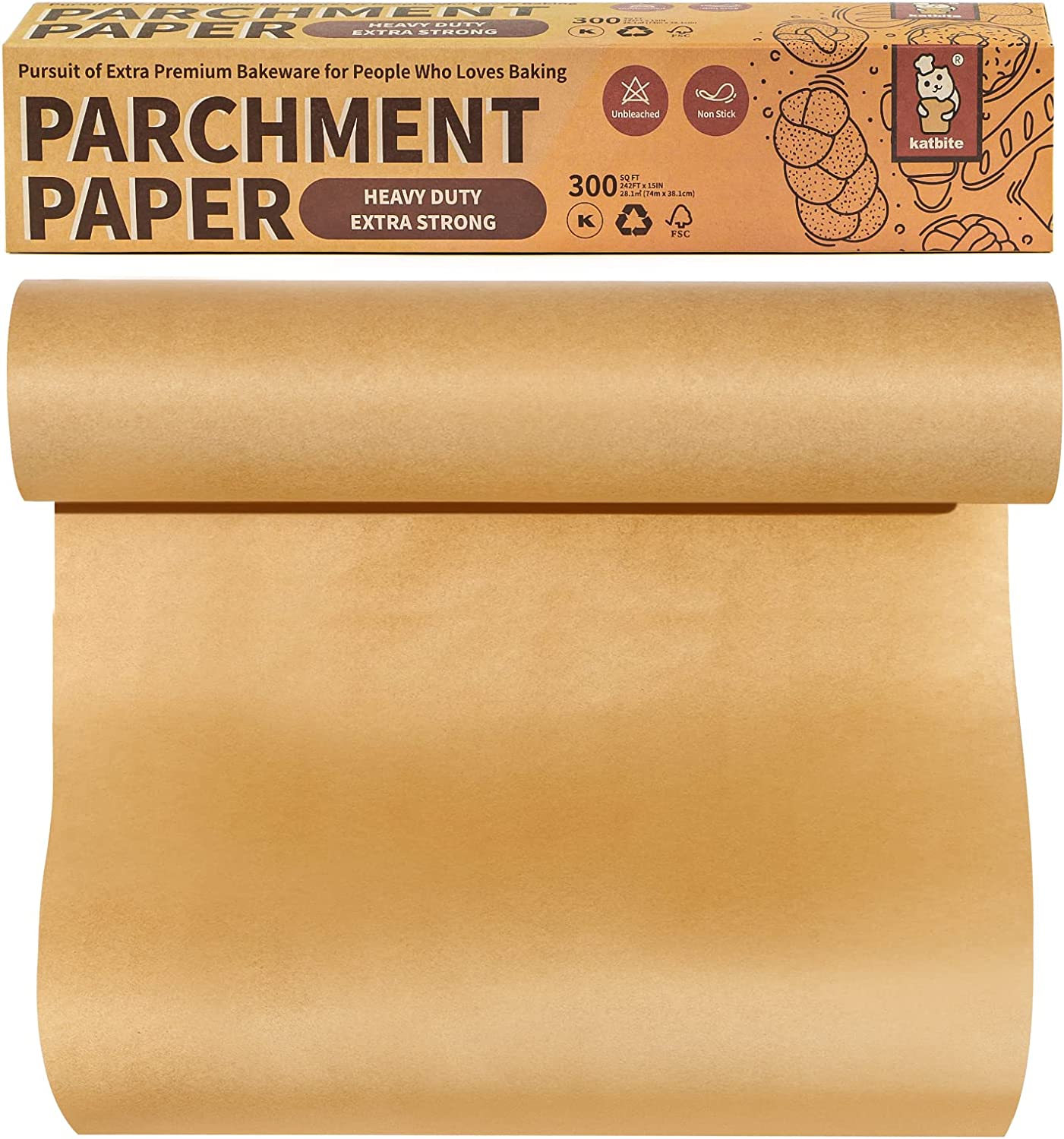 Katbite Parchment Paper Roll for Baking, 15 in x 210 ft 260 Sq.Ft